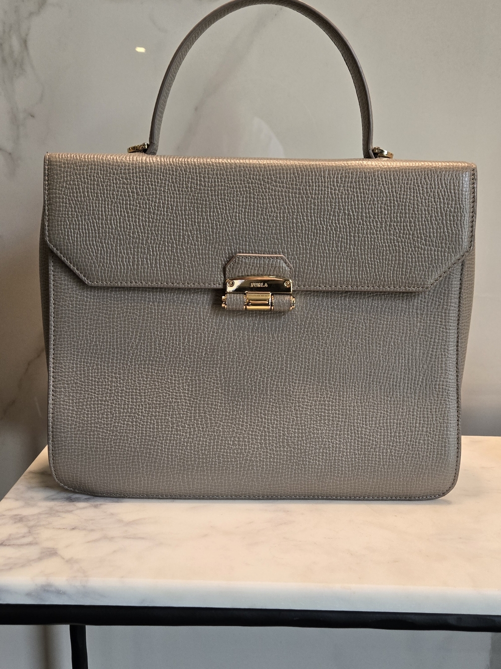 FURLA CHIARA Elegant Taupe Leather Top-Handle Bag with Gold Hardware